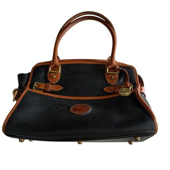 Vintage Dooney & Bourke Pebbled Leather Shoulder Bag Purse Black Tan - Picture 2 of 14